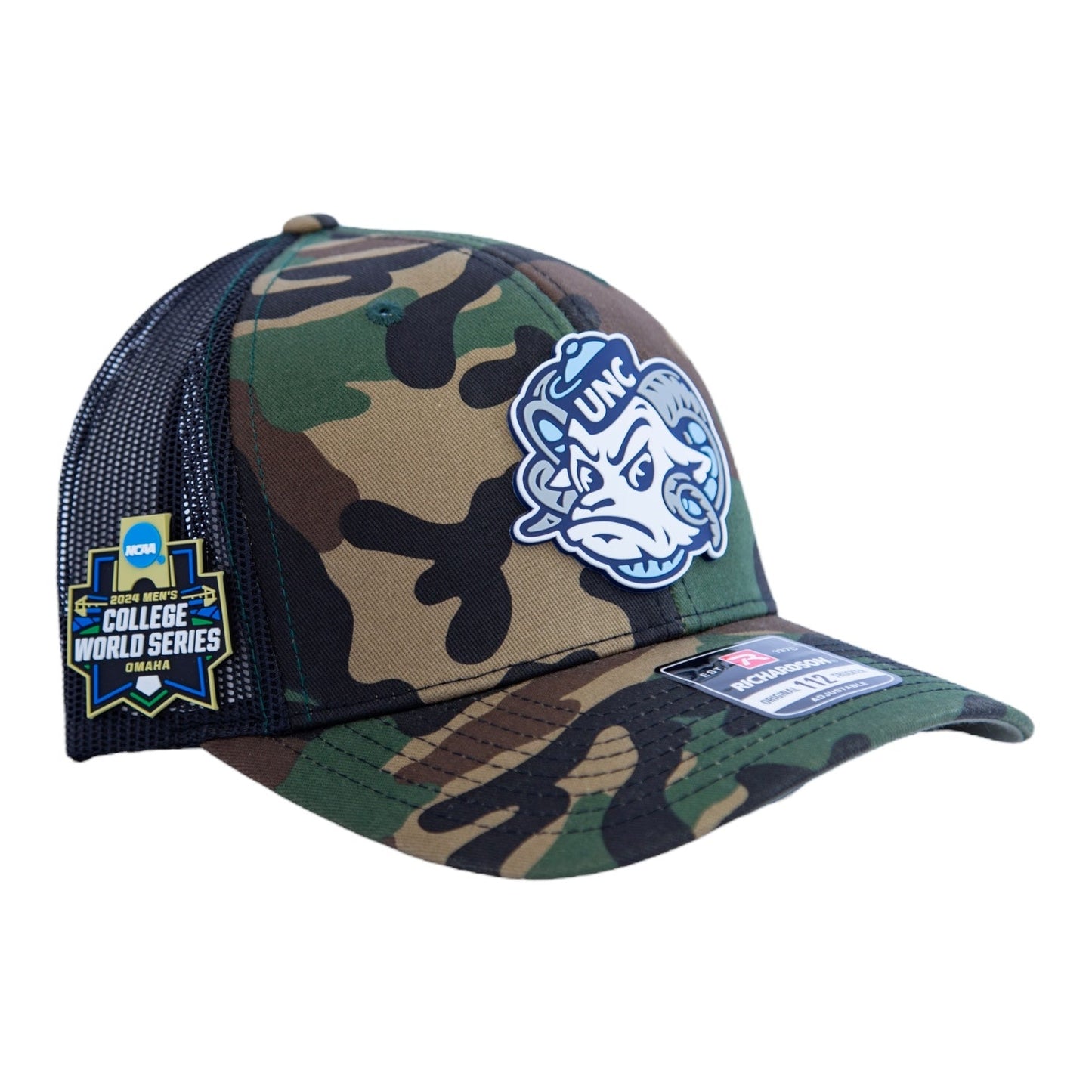 UNC Tar Heels 2024 Men's College World Series 3D Snapback Trucker Hat- Army Camo/ Black