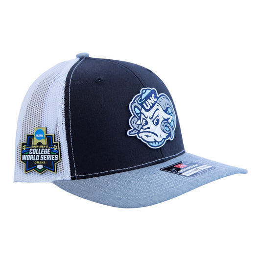UNC Tar Heels 2024 Men's College World Series 3D Snapback Trucker Hat- Black/ White/ Heather Grey