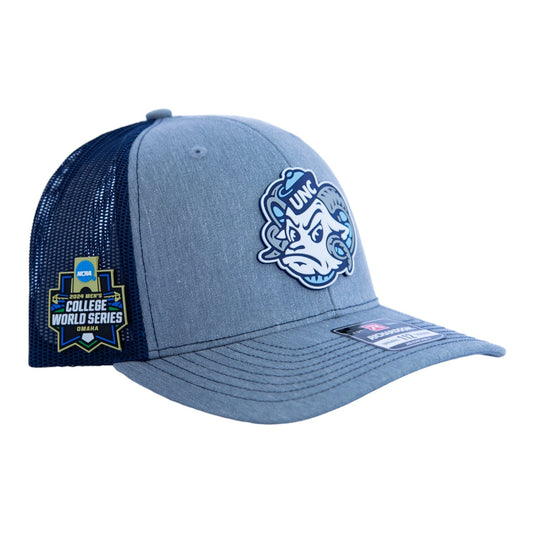 UNC Tar Heels 2024 Men's College World Series 3D Snapback Trucker Hat- Heather Grey/ Navy