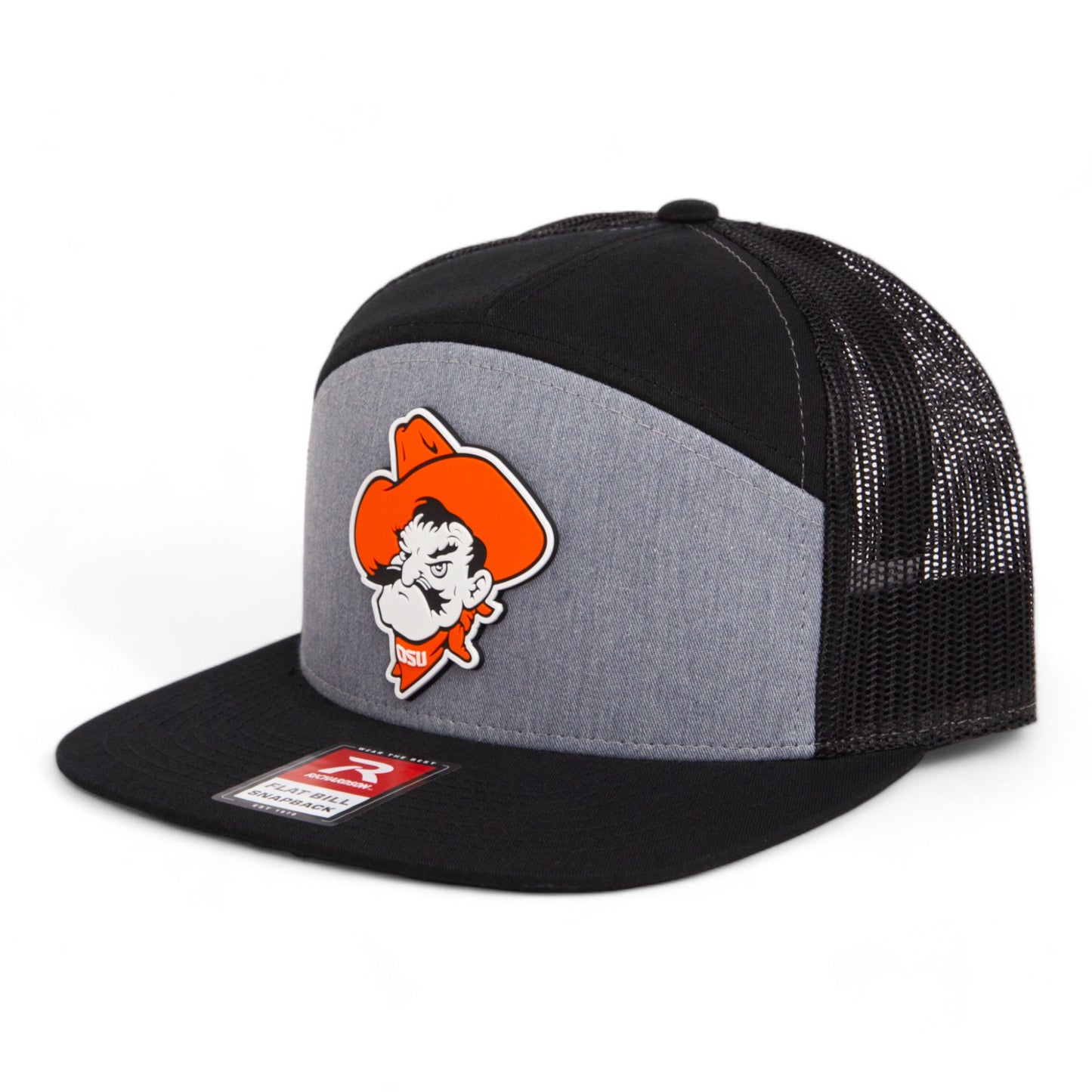 OSU Cowboys Pistol Pete 3D Snapback Seven-Panel Flat Bill Trucker Hat- Heather Grey/ Black