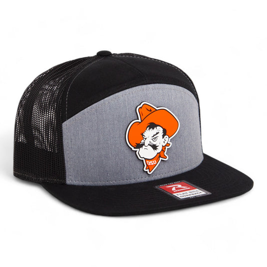 OSU Cowboys Pistol Pete 3D Snapback Seven-Panel Flat Bill Trucker Hat- Heather Grey/ Black