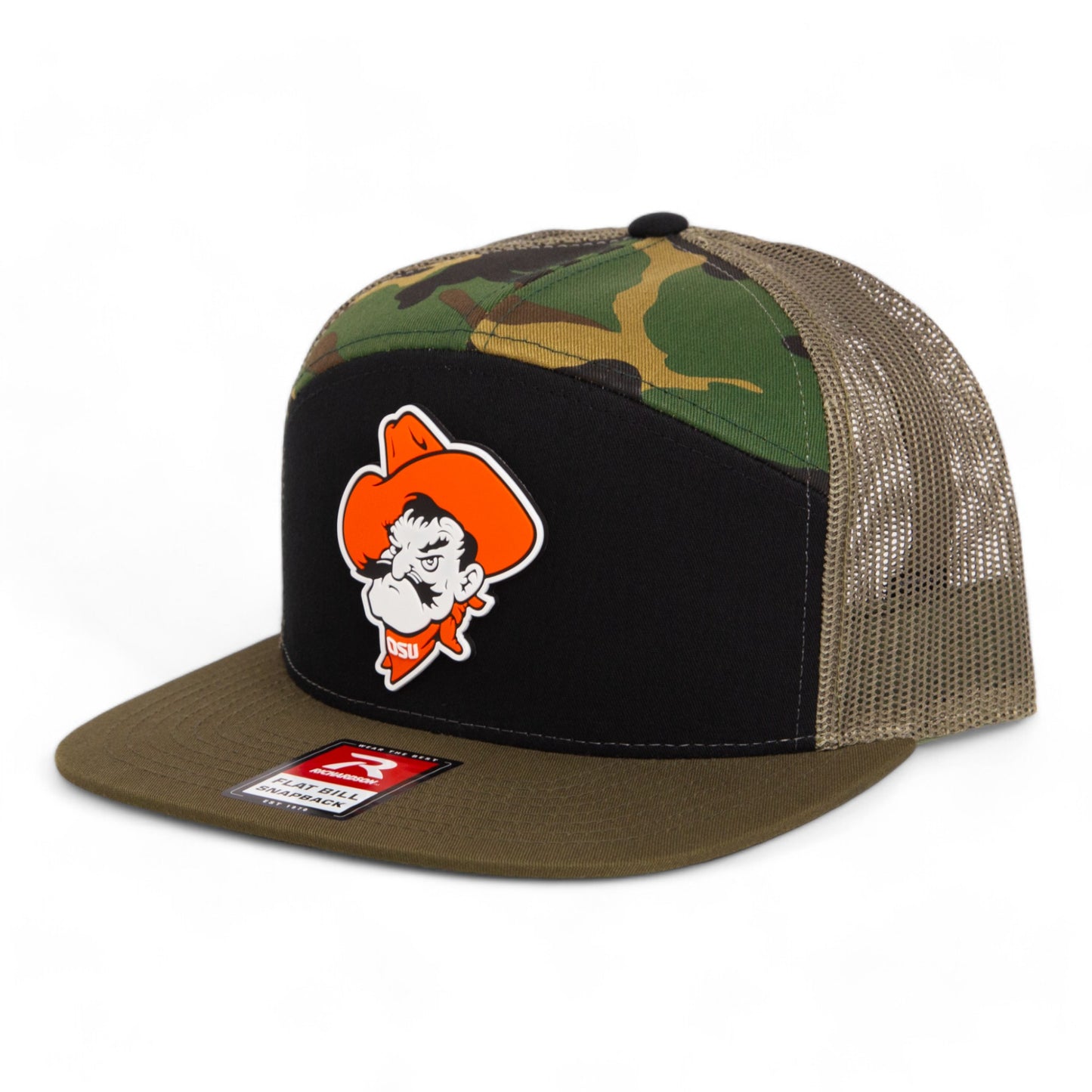 OSU Cowboys Pistol Pete 3D Snapback Seven-Panel Flat Bill Trucker Hat- Black/ Camo/ Loden