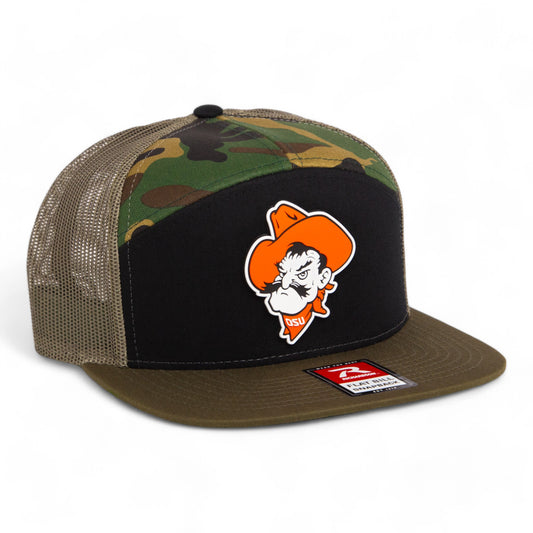 OSU Cowboys Pistol Pete 3D Snapback Seven-Panel Flat Bill Trucker Hat- Black/ Camo/ Loden