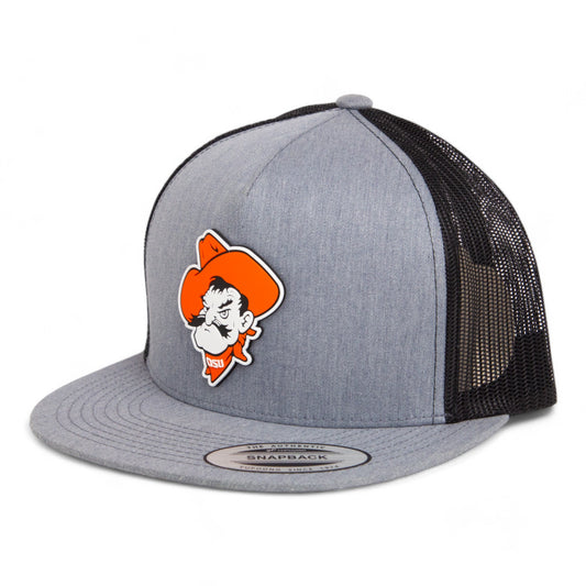 OSU Cowboys Pistol Pete 3D YP Snapback Flat Bill Trucker Hat- Heather Grey/ Black