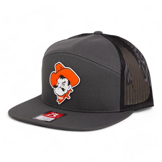 OSU Cowboys Pistol Pete 3D Snapback Seven-Panel Flat Bill Trucker Hat- Charcoal/ Black