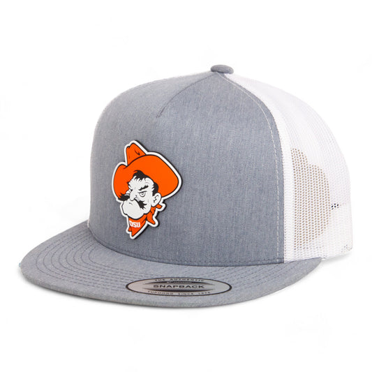 OSU Cowboys Pistol Pete 3D YP Snapback Flat Bill Trucker Hat- Heather Grey/ White