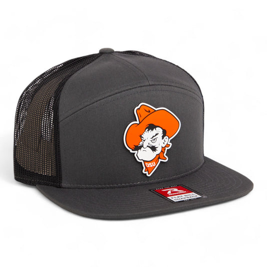 OSU Cowboys Pistol Pete 3D Snapback Seven-Panel Flat Bill Trucker Hat- Charcoal/ Black