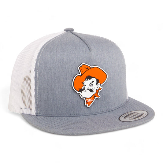 OSU Cowboys Pistol Pete 3D YP Snapback Flat Bill Trucker Hat- Heather Grey/ White