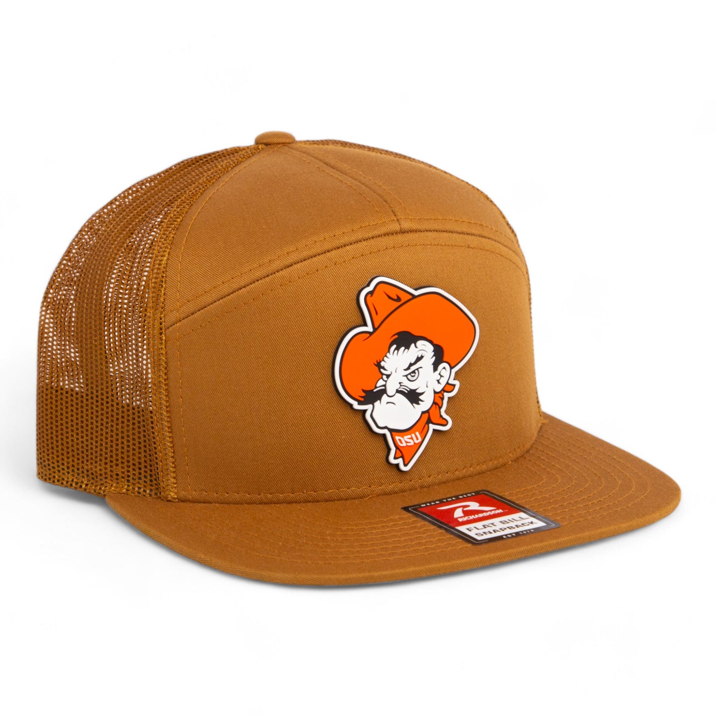 OSU Cowboys Pistol Pete 3D Snapback Seven-Panel Flat Bill Trucker Hat- Caramel