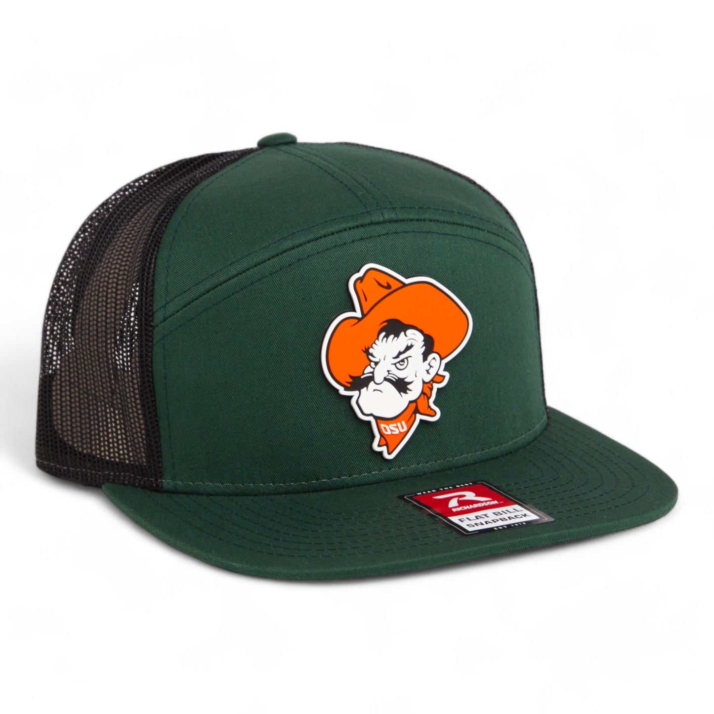 OSU Cowboys Pistol Pete 3D Snapback Seven-Panel Flat Bill Trucker Hat- Dark Green/ Black