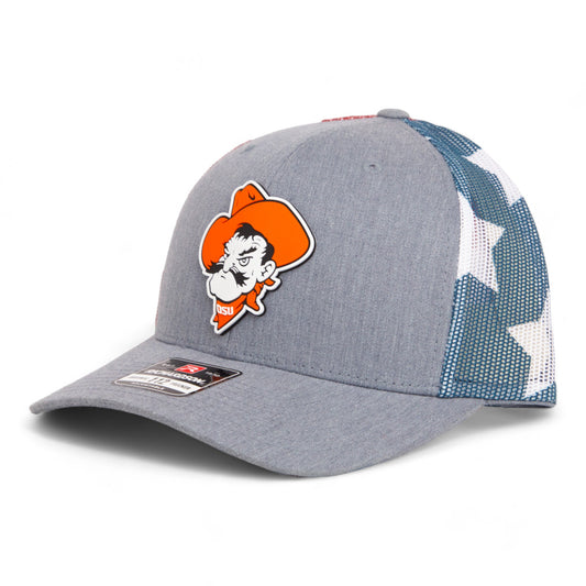 OSU Cowboys Pistol Pete 3D Snapback Trucker Hat- Heather Grey/ Stars & Stripes