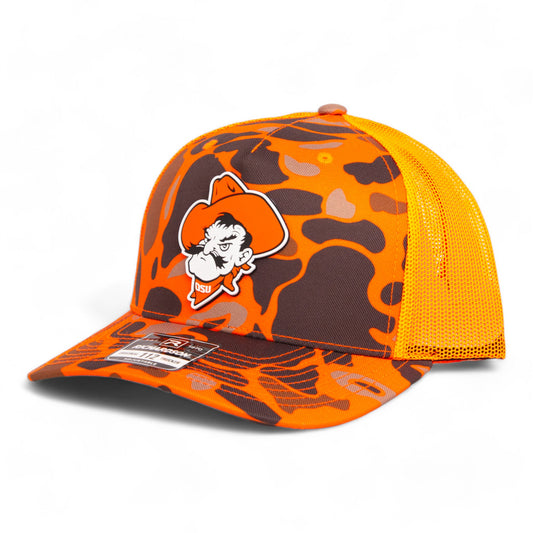 OSU Cowboys Pistol Pete 3D Snapback Trucker Hat- Blaze Duck Camo/ Blaze