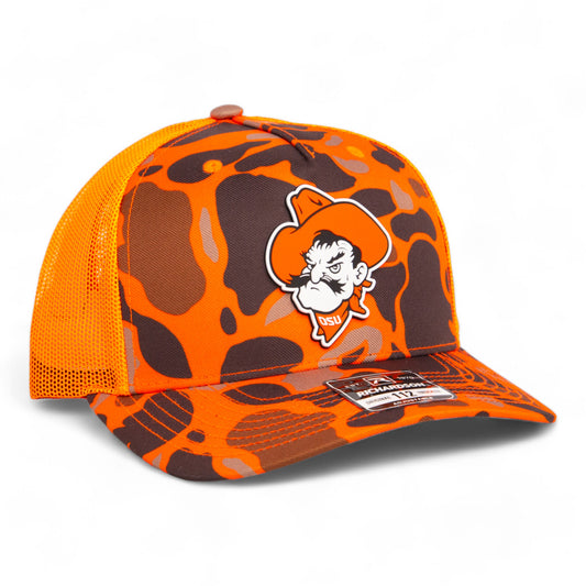 OSU Cowboys Pistol Pete 3D Snapback Trucker Hat- Blaze Duck Camo/ Blaze