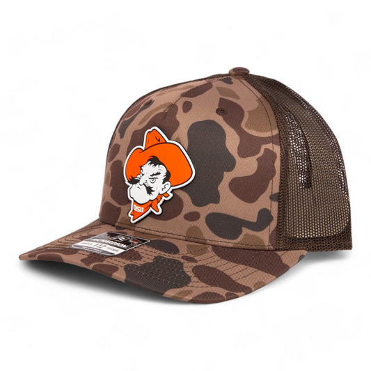 OSU Cowboys Pistol Pete 3D Snapback Trucker Hat- Bark Duck Camo/ Brown