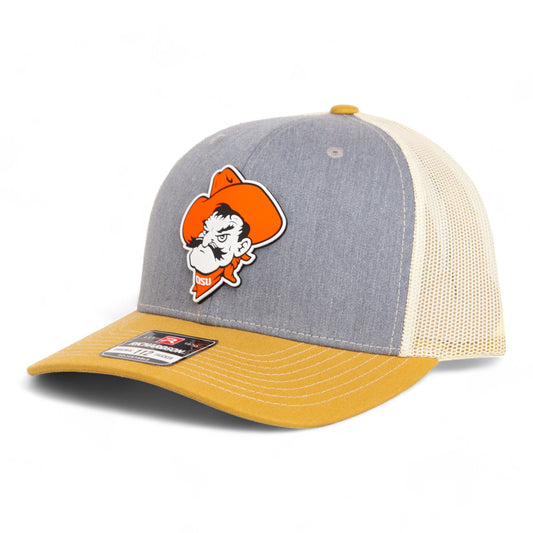 OSU Cowboys Pistol Pete 3D Snapback Trucker Hat- Heather Grey/ Birch/ Amber Gold