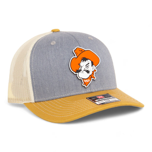 OSU Cowboys Pistol Pete 3D Snapback Trucker Hat- Heather Grey/ Birch/ Amber Gold