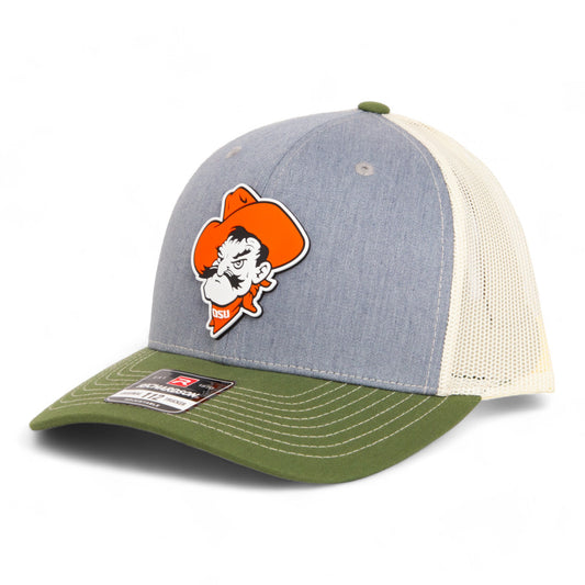 OSU Cowboys Pistol Pete 3D Snapback Trucker Hat- Heather Grey/ Birch/ Olive