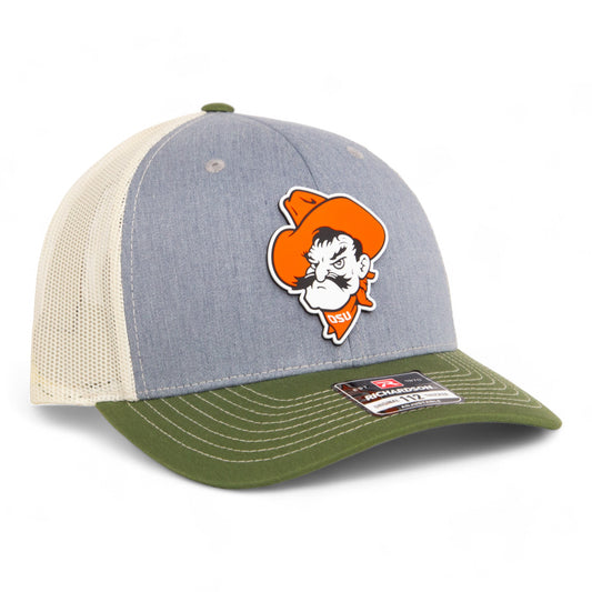 OSU Cowboys Pistol Pete 3D Snapback Trucker Hat- Heather Grey/ Birch/ Olive