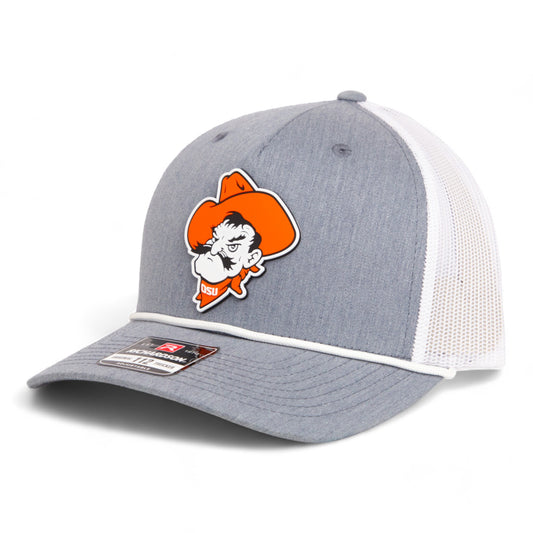 OSU Cowboys Pistol Pete 3D Snapback Trucker Rope Hat- Heather Grey/ White