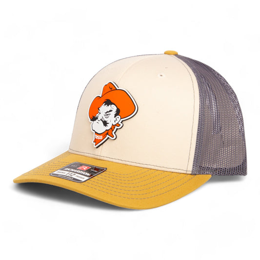 OSU Cowboys Pistol Pete 3D Snapback Trucker Hat- Mink Beige/ Charcoal/ Amber Gold