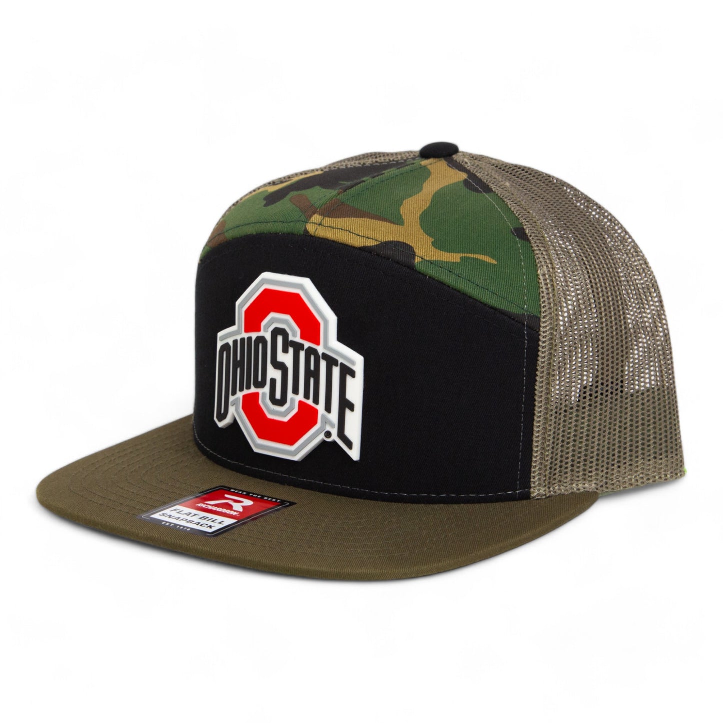 Ohio State Buckeyes 3D Snapback Seven-Panel Flat Bill Trucker Hat- Black/ Camo/ Loden