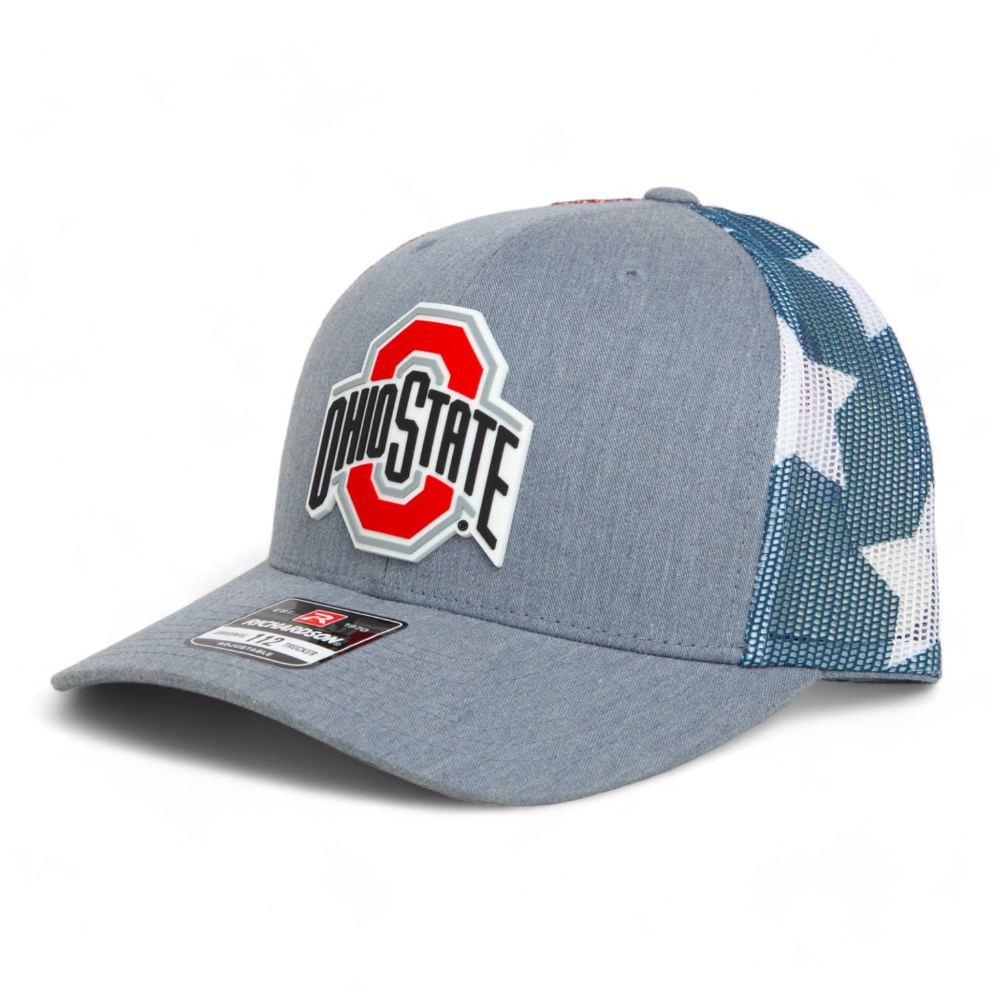 Ohio State Buckeyes 3D Snapback Trucker Hat- Heather Grey/ Stars & Stripes