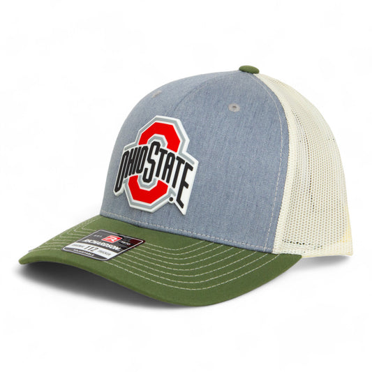 Ohio State Buckeyes 3D Snapback Trucker Hat- Heather Grey/ Birch/ Olive