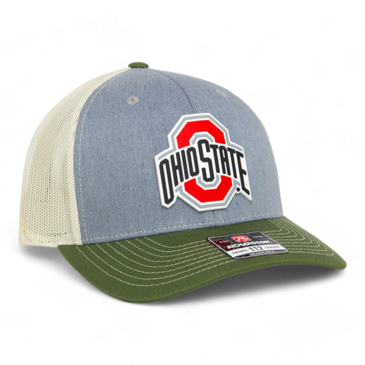 Ohio State Buckeyes 3D Snapback Trucker Hat- Heather Grey/ Birch/ Olive