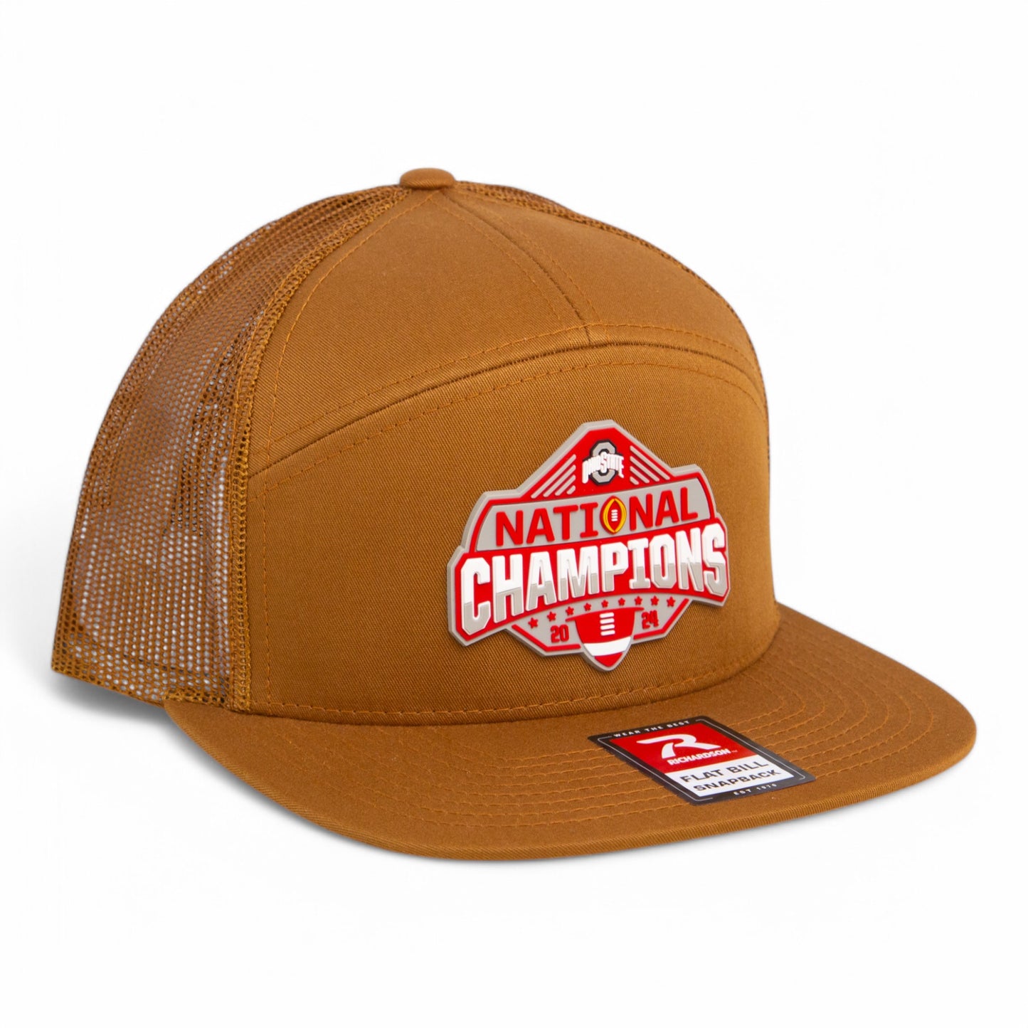 Ohio State Buckeyes 2024 CFP National Champions 3D Snapback Seven-Panel Flat Bill Trucker Hat- Caramel