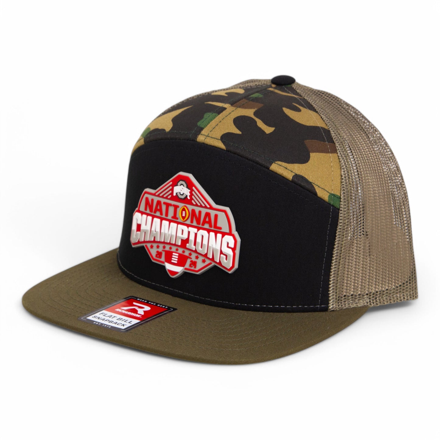 Ohio State Buckeyes 2024 CFP National Champions 3D Snapback Seven-Panel Flat Bill Trucker Hat- Black/ Camo/ Loden