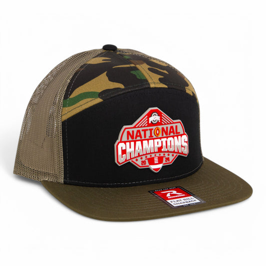 Ohio State Buckeyes 2024 CFP National Champions 3D Snapback Seven-Panel Flat Bill Trucker Hat- Black/ Camo/ Loden