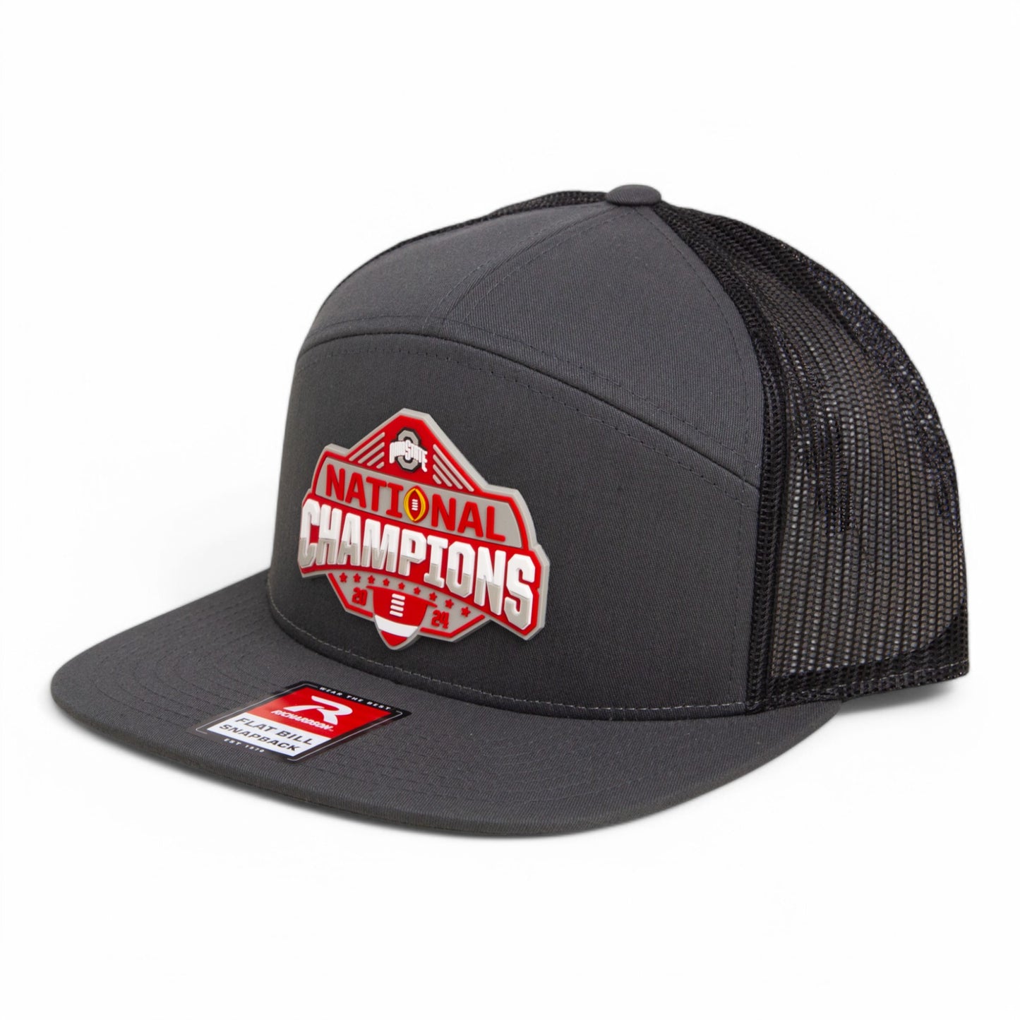 Ohio State Buckeyes 2024 CFP National Champions 3D Snapback Seven-Panel Flat Bill Trucker Hat- Charcoal/ Black