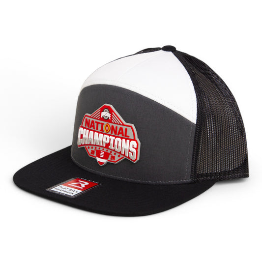 Ohio State Buckeyes 2024 CFP National Champions 3D Snapback Seven-Panel Flat Bill Trucker Hat- Charcoal/ Black/ White