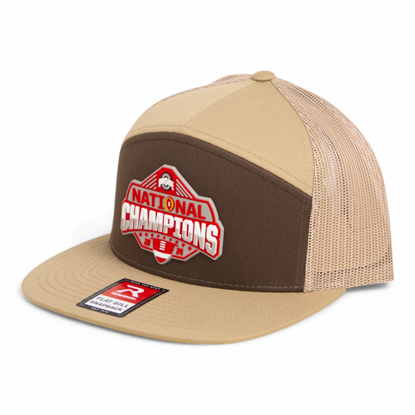 Ohio State Buckeyes 2024 CFP National Champions 3D Snapback Seven-Panel Flat Bill Trucker Hat- Brown/ Tan