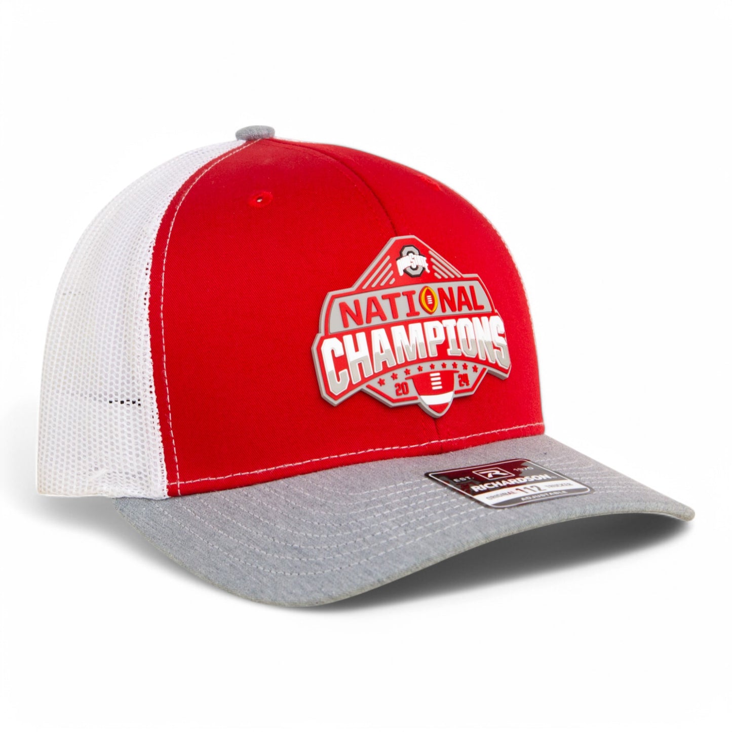 Ohio State Buckeyes 2024 CFP National Champions 3D Snapback Trucker Hat- Red/ White/ Heather Grey