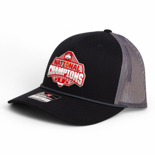 Ohio State Buckeyes 2024 CFP National Champions 3D Snapback Trucker Rope Hat- Black/ Charcoal