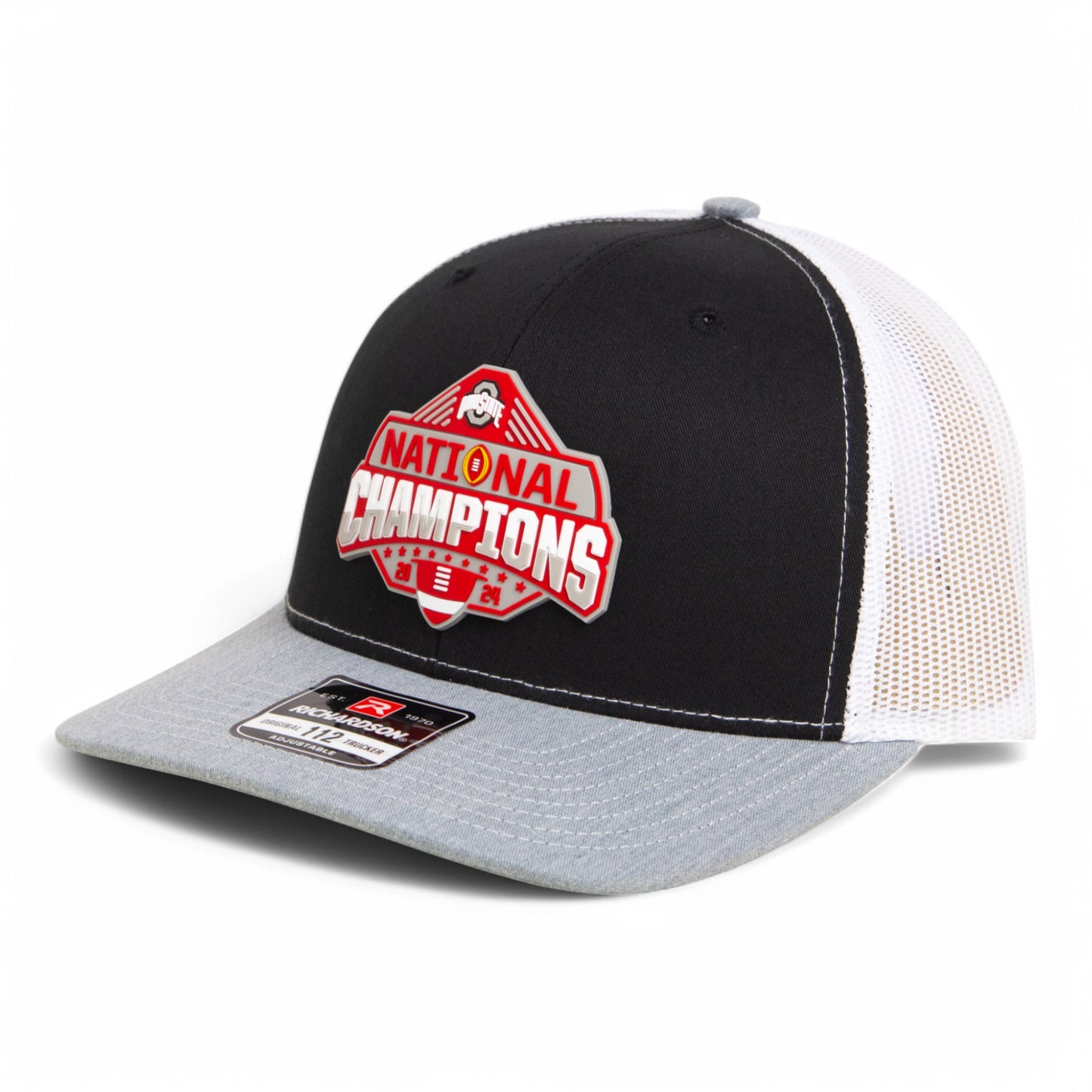 Ohio State Buckeyes 2024 CFP National Champions 3D Snapback Trucker Hat- Black/ White/ Heather Grey