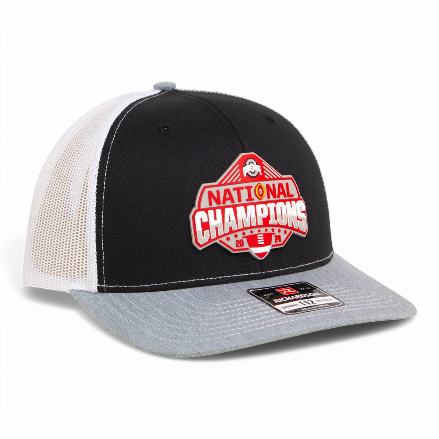 Ohio State Buckeyes 2024 CFP National Champions 3D Snapback Trucker Hat- Black/ White/ Heather Grey