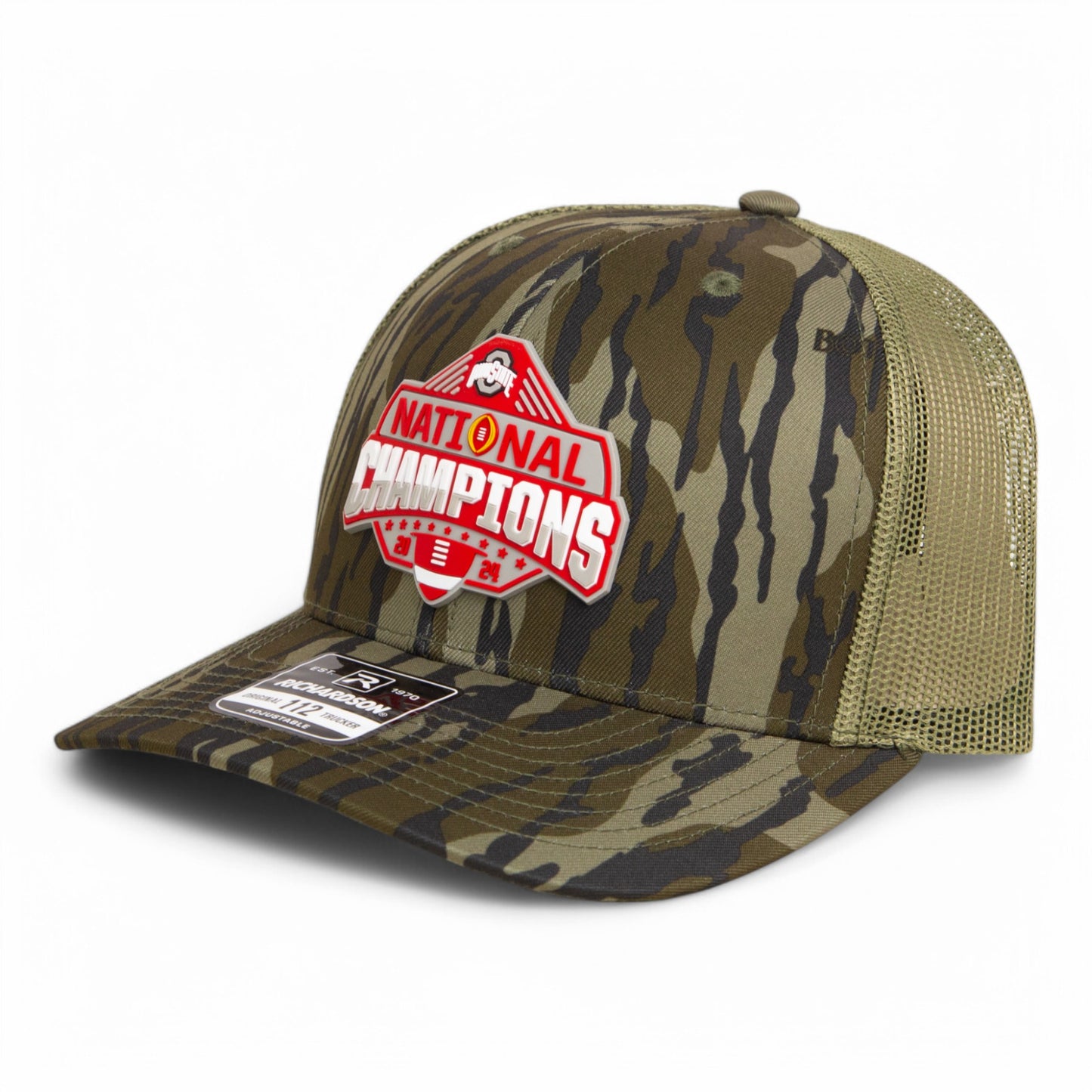 Ohio State Buckeyes 2024 CFP National Champions 3D Snapback Trucker Hat- Mossy Oak Bottomland/ Loden