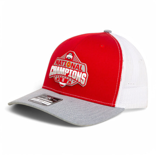 Ohio State Buckeyes 2024 CFP National Champions 3D Snapback Trucker Hat- Red/ White/ Heather Grey