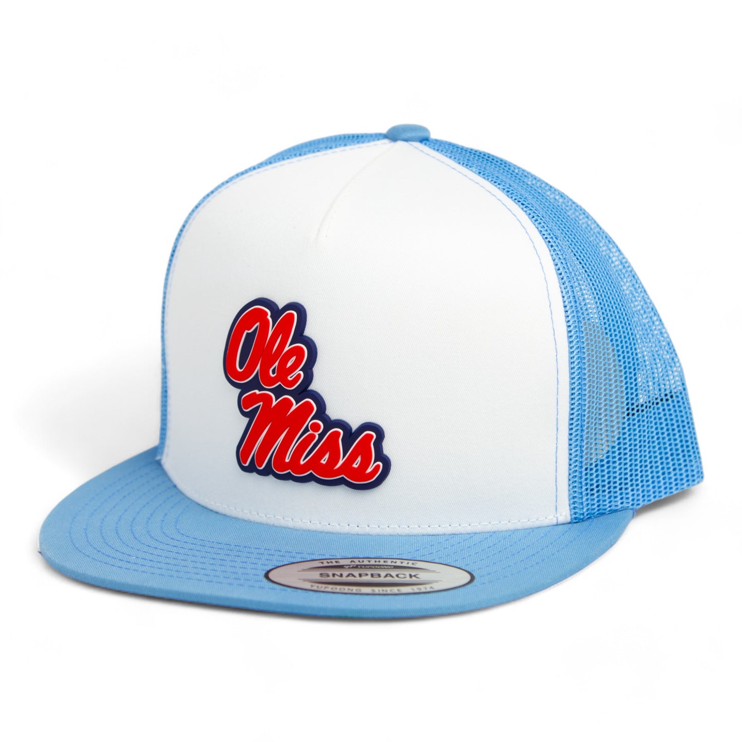 Ole Miss Rebels 3D YP Snapback Flat Bill Trucker Hat- White/ Carolina Blue