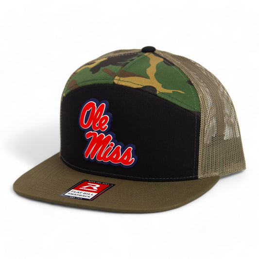 Ole Miss Rebels 3D Snapback Seven-Panel Flat Bill Trucker Hat- Black/ Camo/ Loden