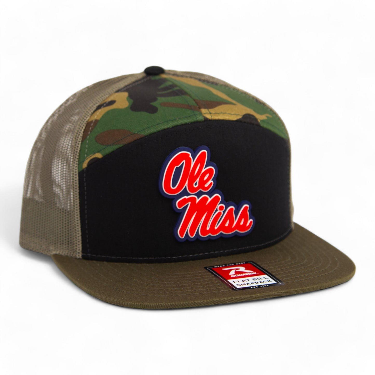 Ole Miss Rebels 3D Snapback Seven-Panel Flat Bill Trucker Hat- Black/ Camo/ Loden