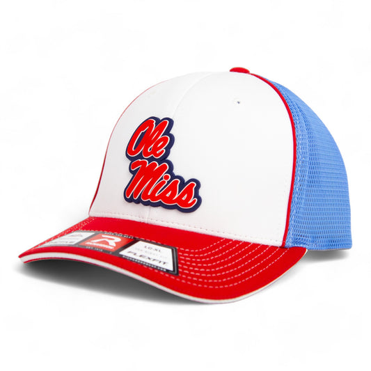 Ole Miss Rebels 3D Flexfit Trucker Hat- White/ Columbia Blue/ Red Tri