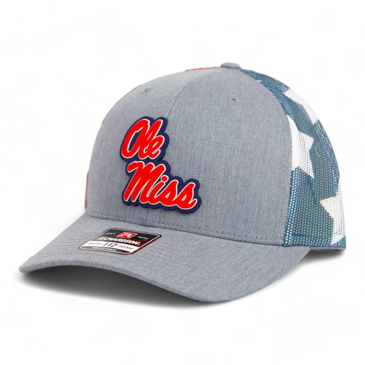 Ole Miss Rebels 3D Snapback Trucker Hat- Heather Grey/ Stars & Stripes