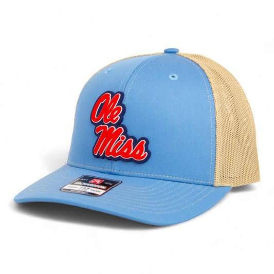 Ole Miss Rebels 3D Snapback Trucker Hat- Columbia Blue/ Tan