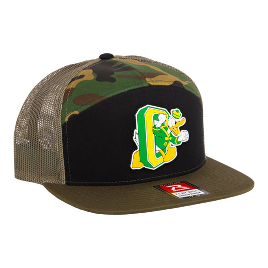 Oregon Ducks Retro 3D Snapback Seven-Panel Flat Bill Trucker Hat- Black/ Camo/ Loden