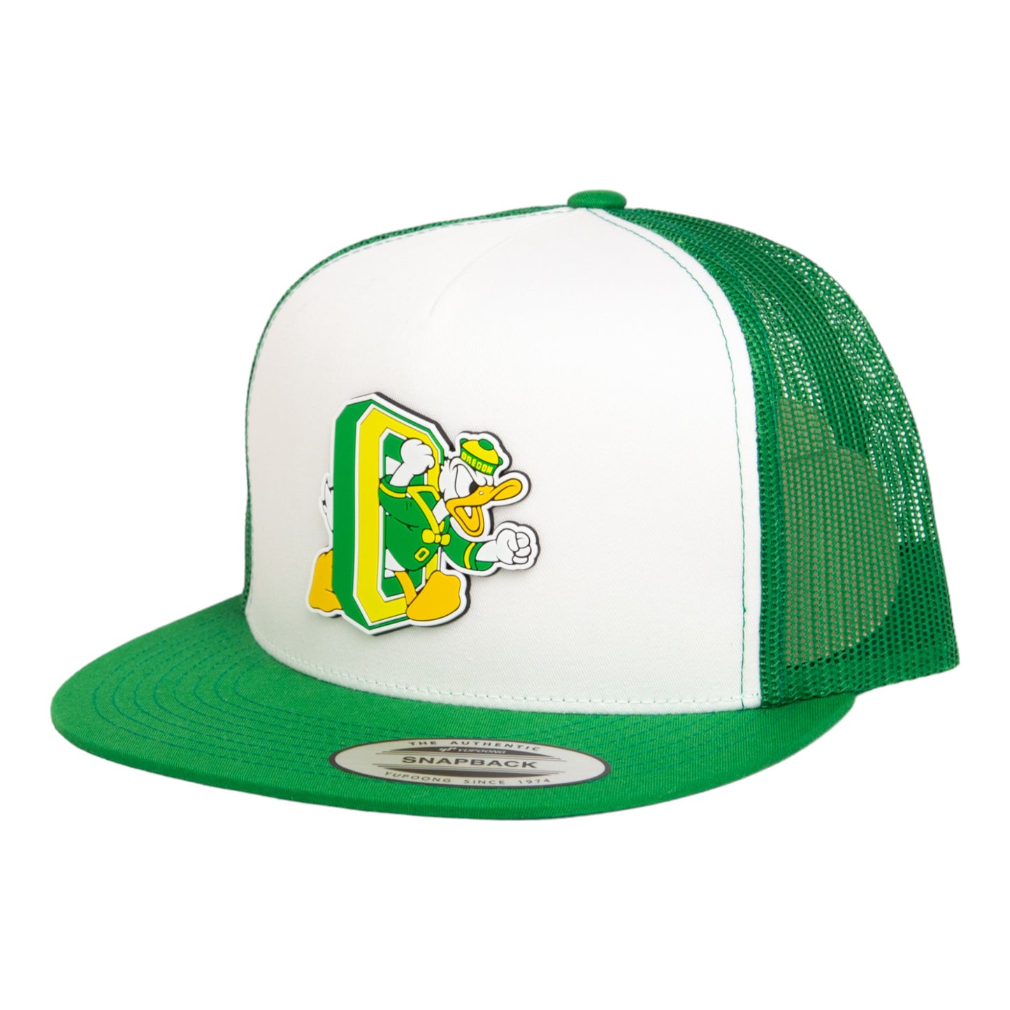 Oregon Ducks Retro 3D YP Snapback Flat Bill Trucker Hat- White/ Kelly Green