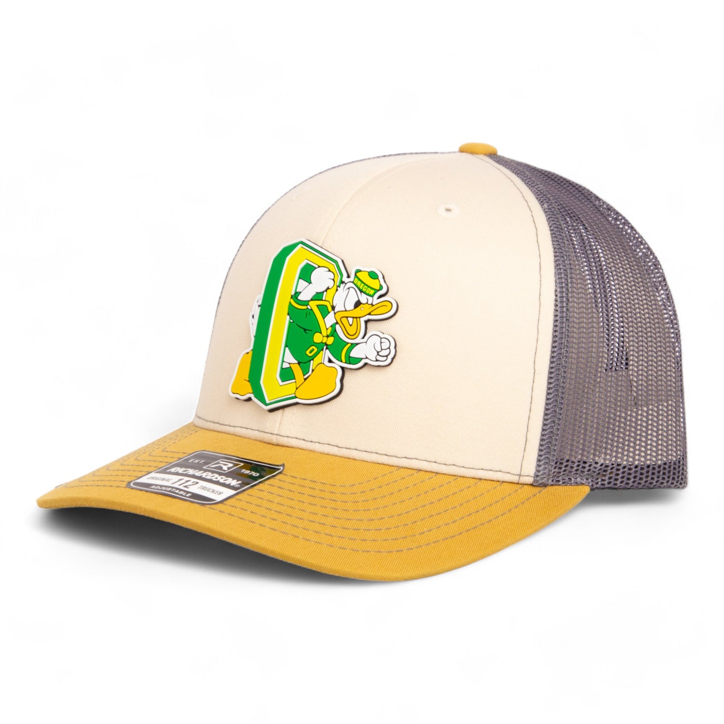 Oregon Ducks Retro 3D Snapback Trucker Hat- Mink Beige/ Charcoal/ Amber Gold