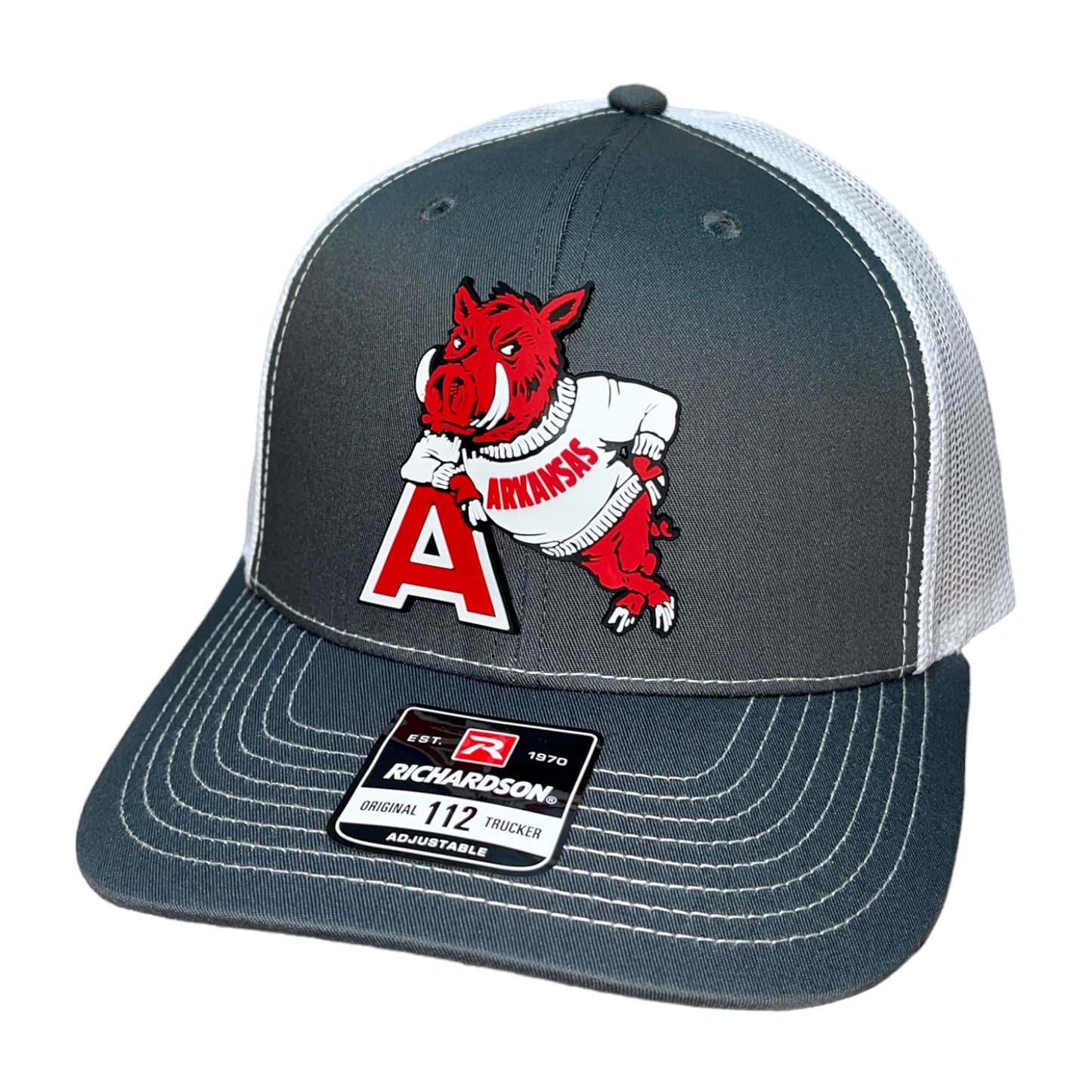 Arkansas Razorbacks- Leaning A 3D Snapback Trucker Hat- Charcoal/ White